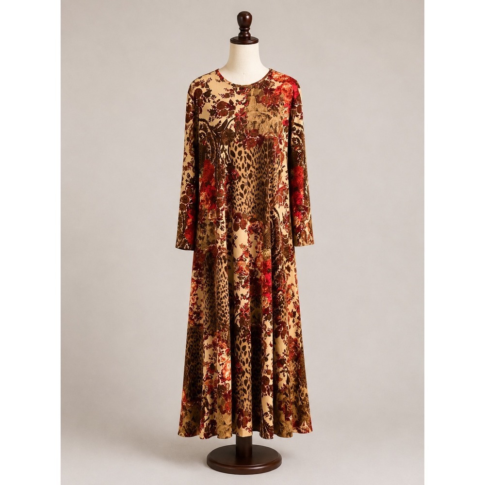 Whimsigoth Leopard Rose Print Long Sleeve Maxi Dress XL Long Sleeve